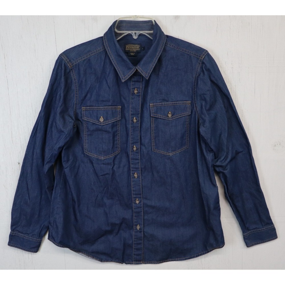 Pendleton Womens Blue Chambray Denim Button Up Shirt Size L Blouse